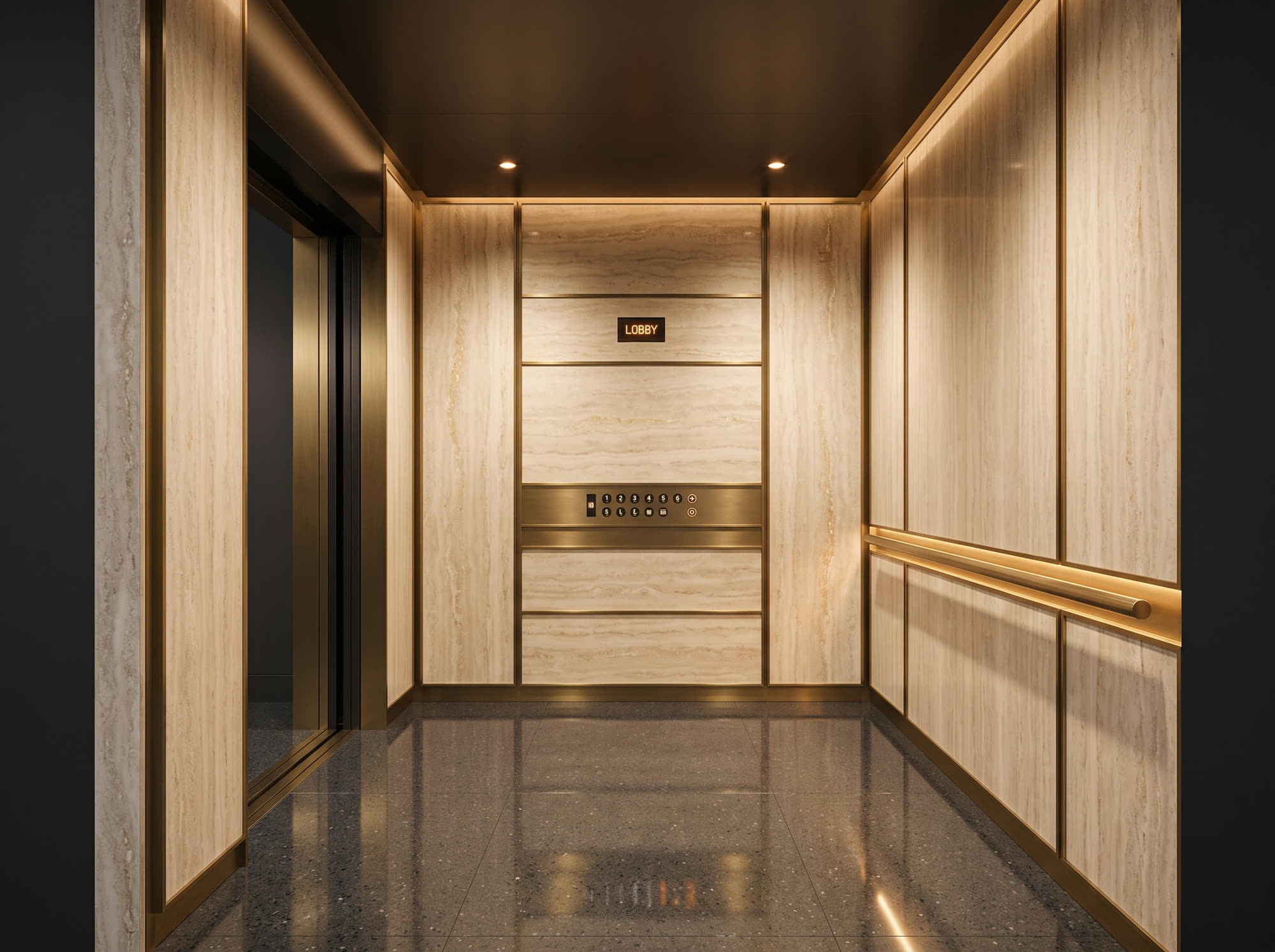 Visualizzazione progettuale: cabina ascensore rivestita in travertino con dettagli in ottone