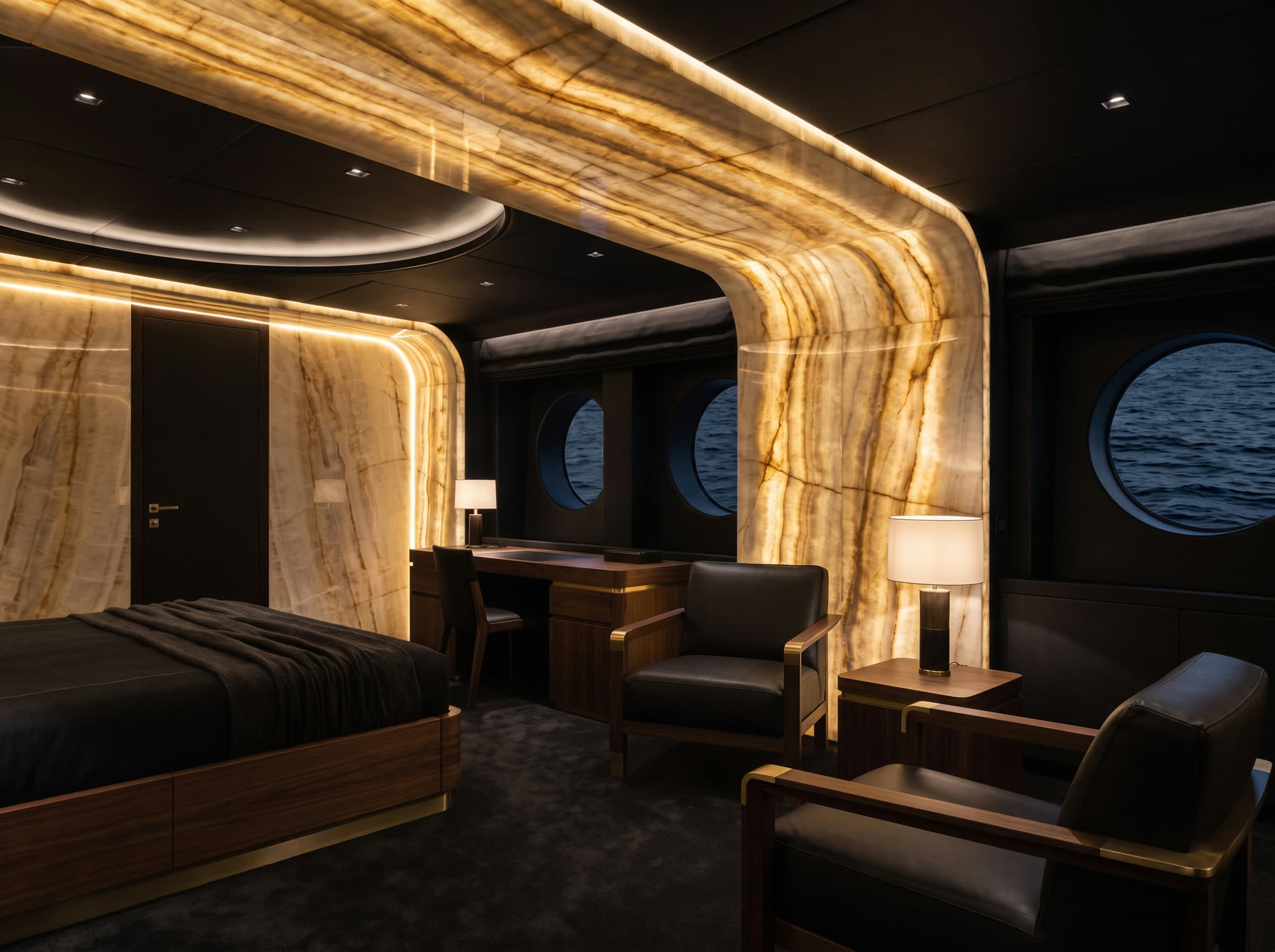 Visualizzazione progettuale: cabina di uno yacht con pareti in onice retroilluminato