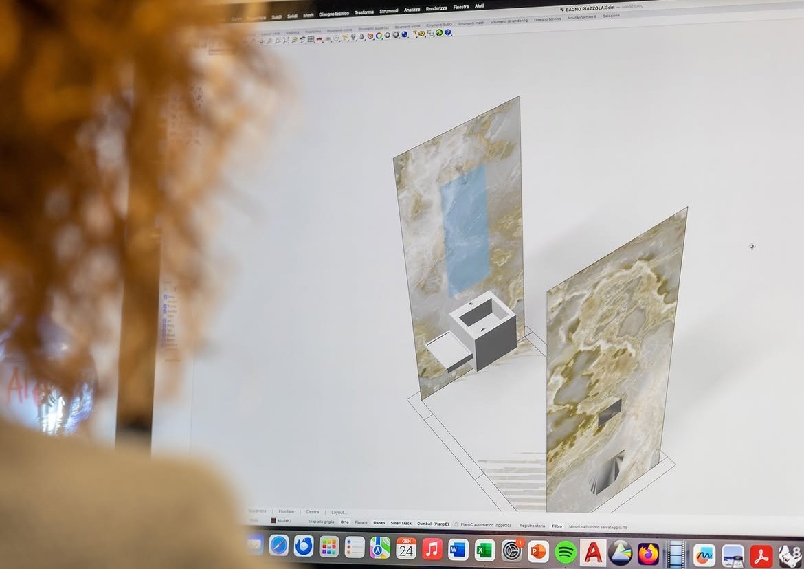 Progettazione al computer di un bagno in onice sulle lastre reali