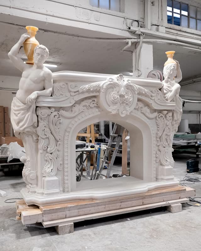 Monumental fireplace carved in Botticino Fiorito