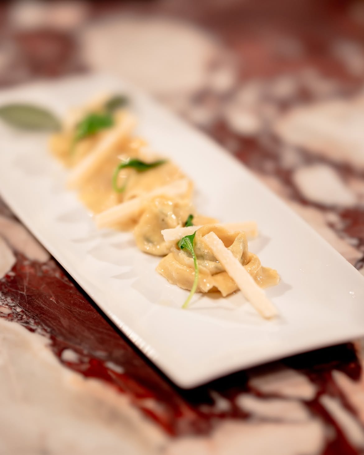 Piatto di tortellini serviti sul piano dell'isola in Calacatta