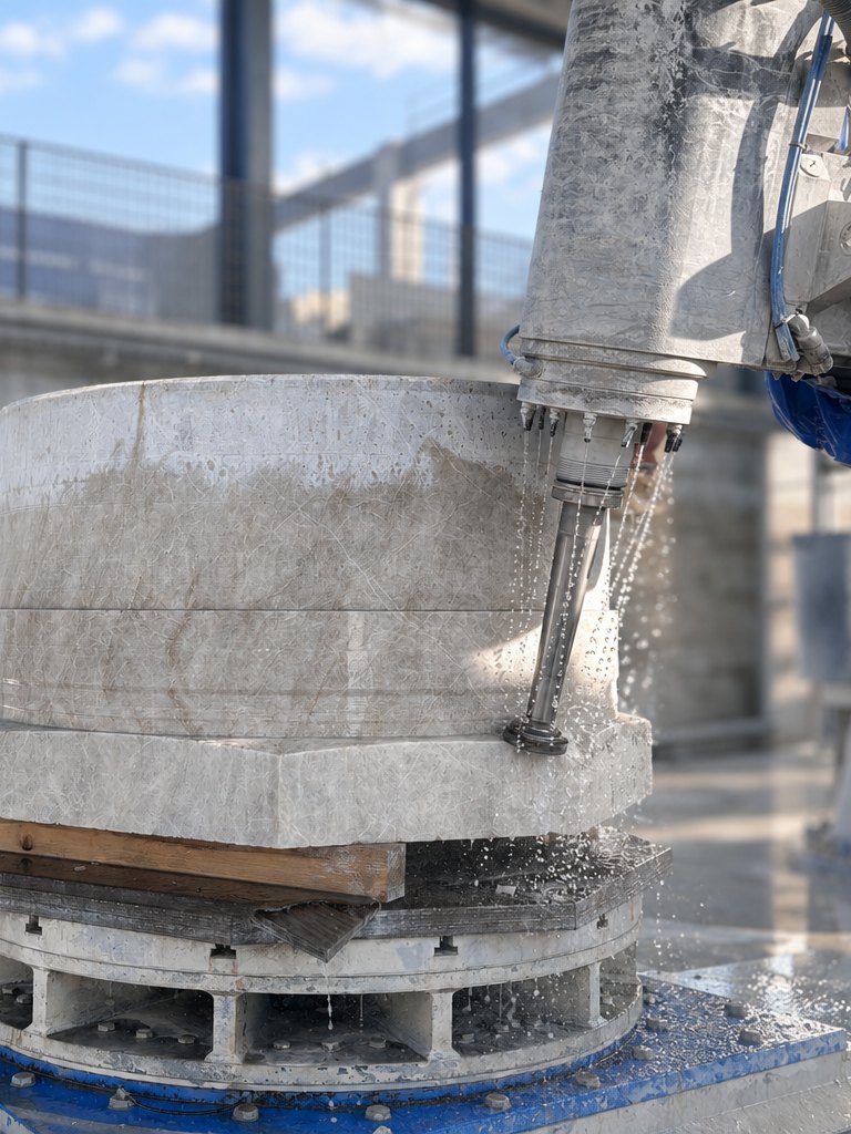 Fresa a controllo numerico che sbozza sotto getto d'acqua un blocco di marmo per un pezzo a massello